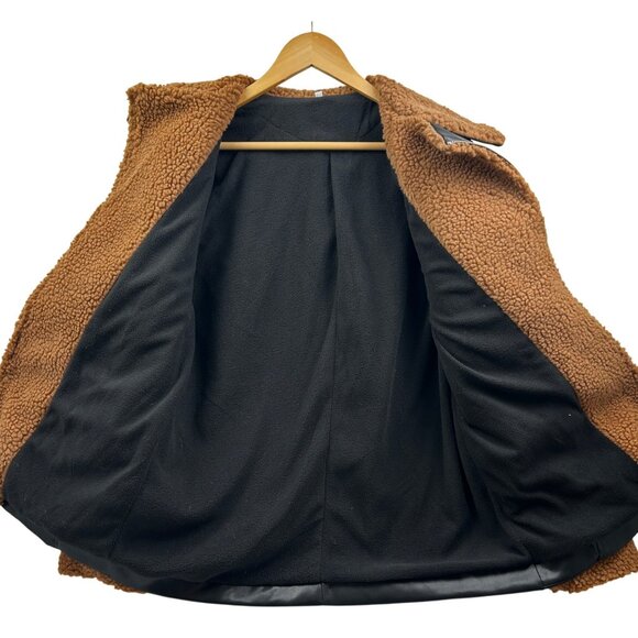 Sherpa Aviator Jacket Womens Large Faux Leather Black Brown Teddy Collar Fall - Picture 4 of 7